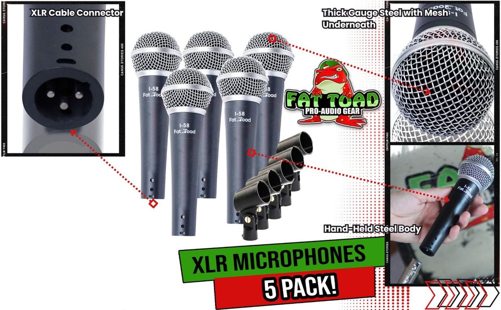 Studio Recording Microphones with Clips (5 Pack) by FAT TOAD | Vocal Handheld