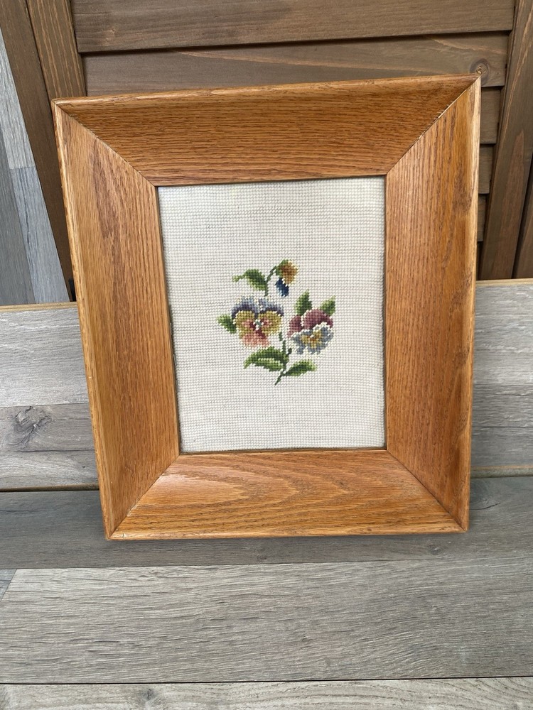 Vintage Needlepoint Canvas Flower Wooden Framed