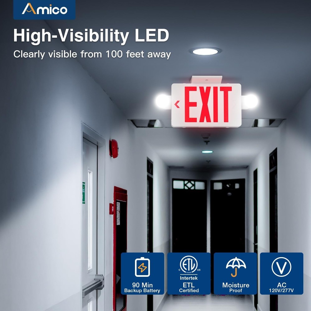 Amico Red LED Exit Sign With Emergency Exit Lights - Double Sided - New In Box