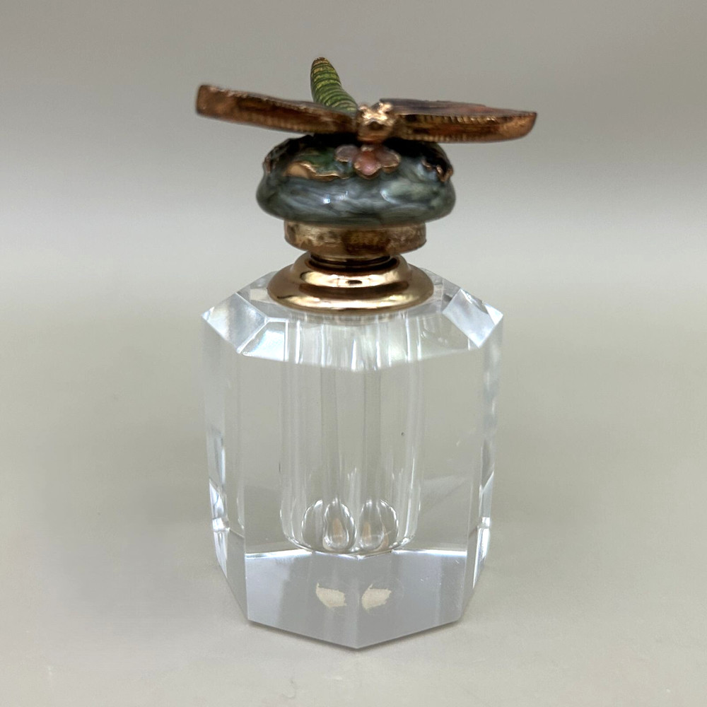 Crystal Perfume Bottle With Enamel Dragonfly Stopper Empty