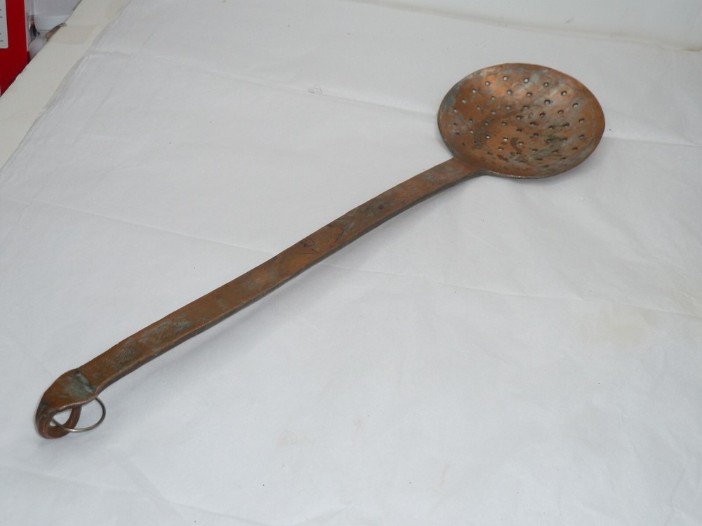 Antique Primitive Hand Made Copper Strainer w/ Long Copper Handle to Hang