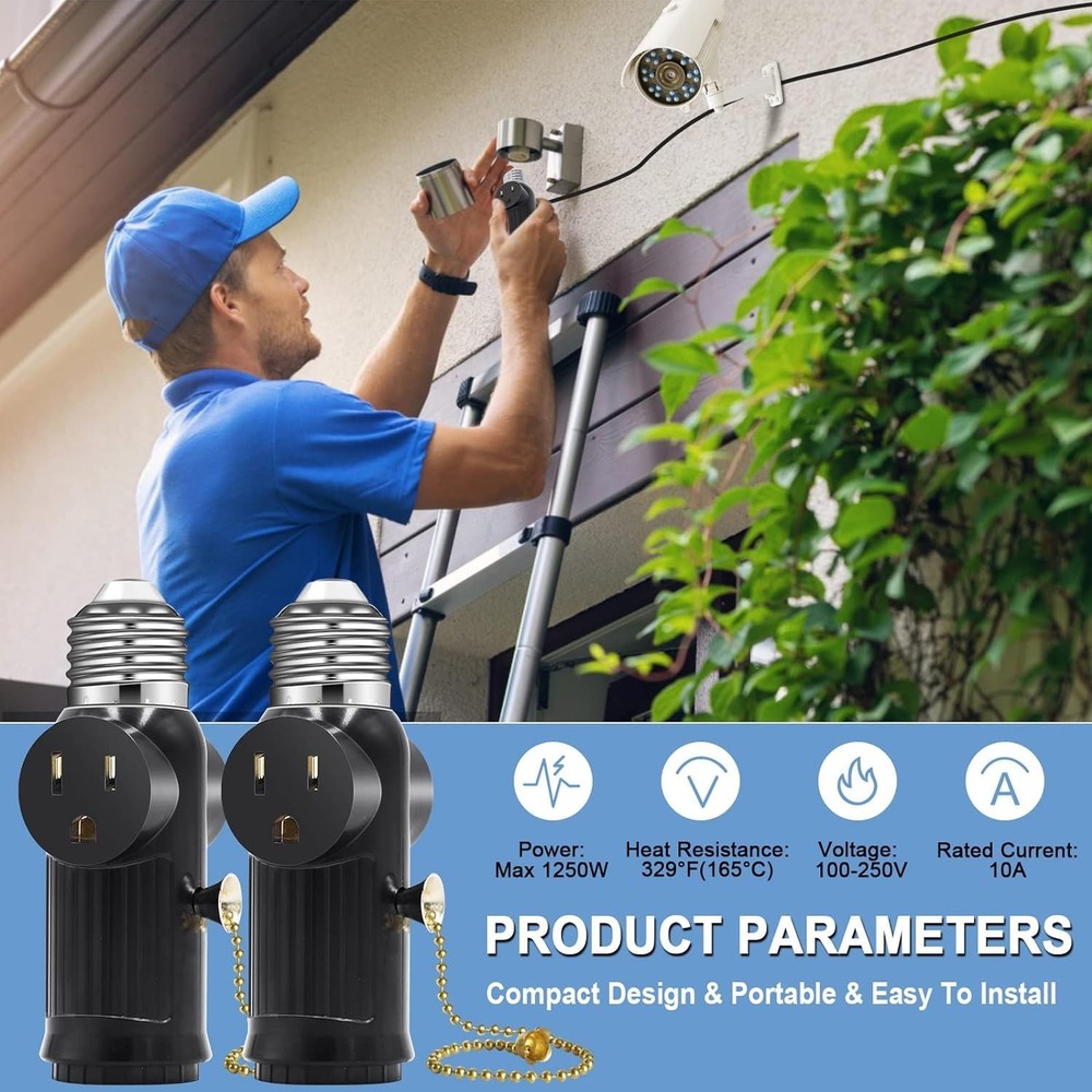 Light Socket to Plug Adapter, Both Sides Support 3 Prong Black