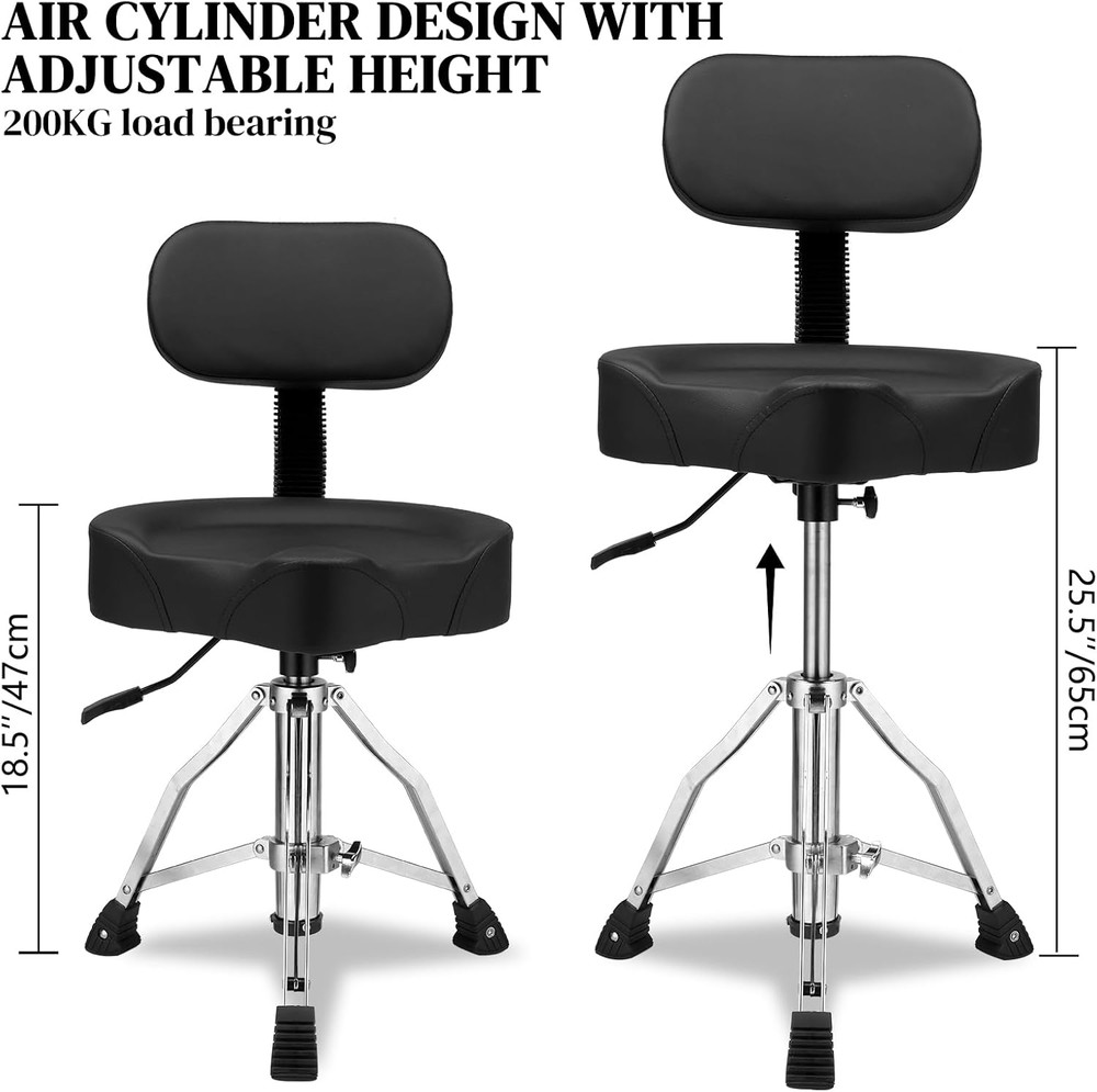 Drum Throne with Backrest | Heavy Duty Hydraulic Adjustable Stool, Saddle Seat &