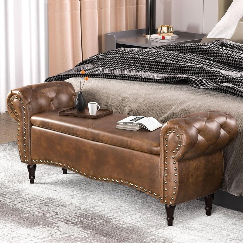 Upholstered Storage Bench Multi-Functional Ottoman Shoe Change Seat Wood Frame