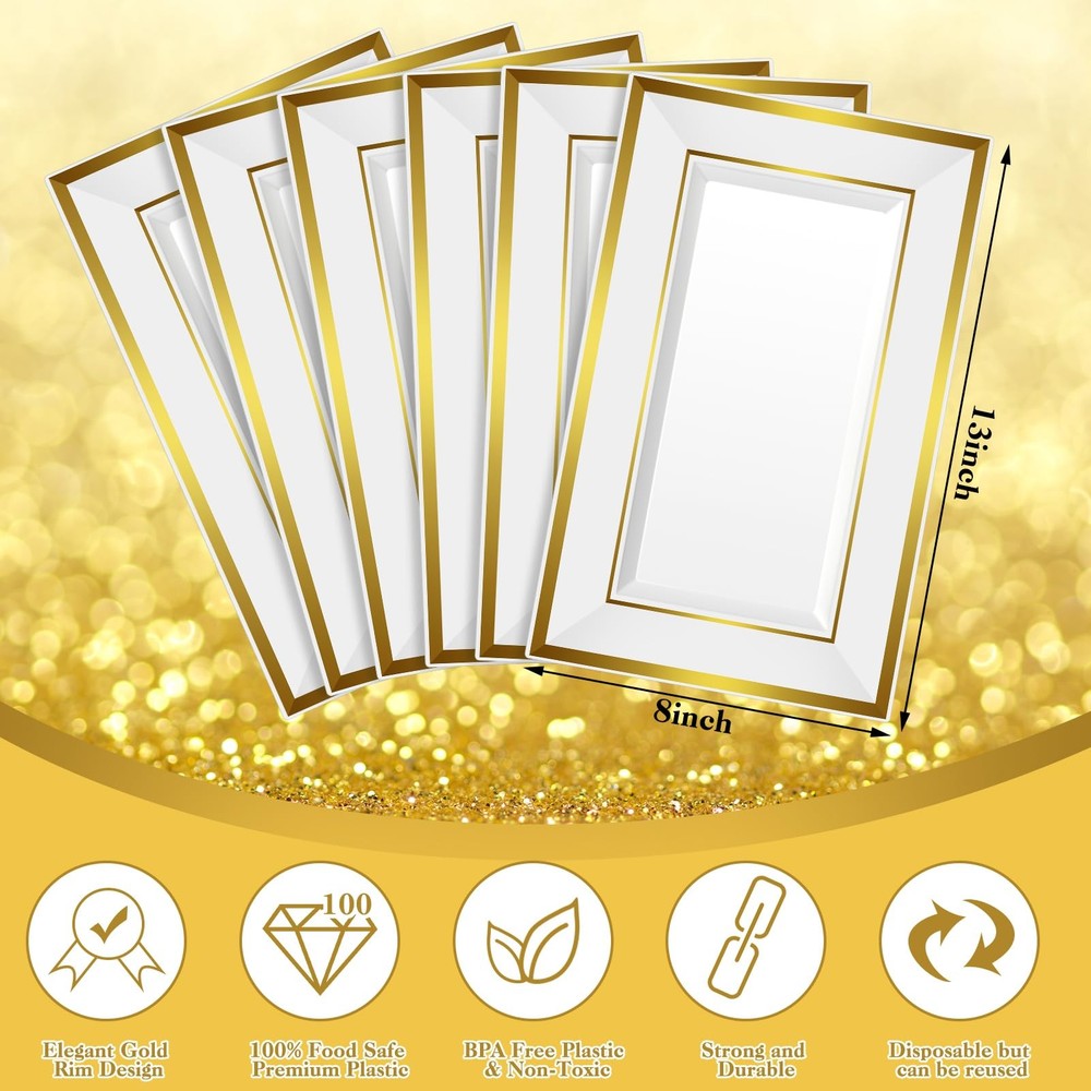 FillTouch 112 Pcs Summer Gold Dinnerware Set Include 6 Disposable Rectangle Serv