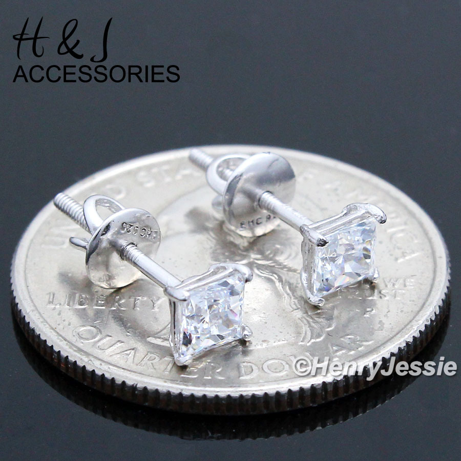 925 STERLING SILVER 4MM ICY SQUARE BLING CZ SCREW BACK STUD EARRING*E93