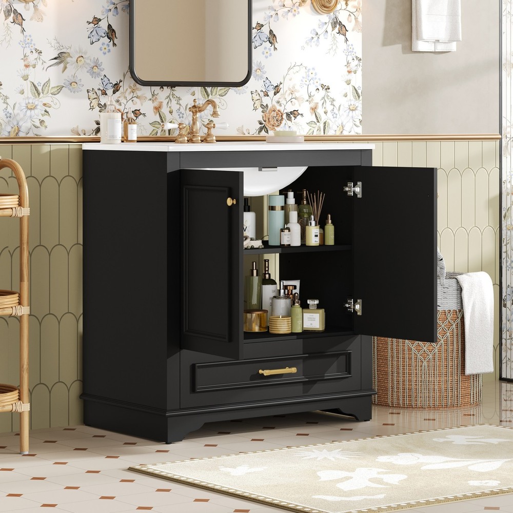 30" Luxurious Bathroom Vanity w/Ceramic Sink, Solid Wood Frame Storage Cabinet