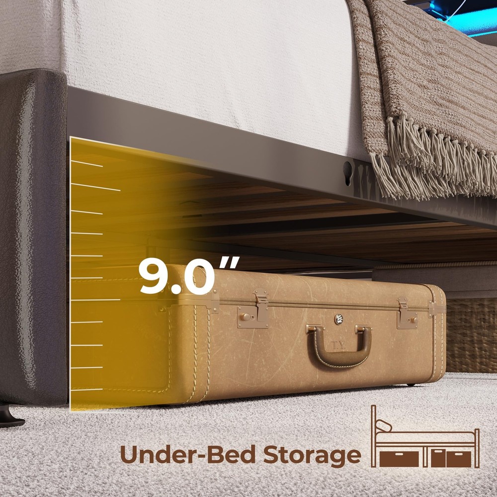Full Size Bed Frame with LED Lights and Charging Station, Upholstered Headboa...