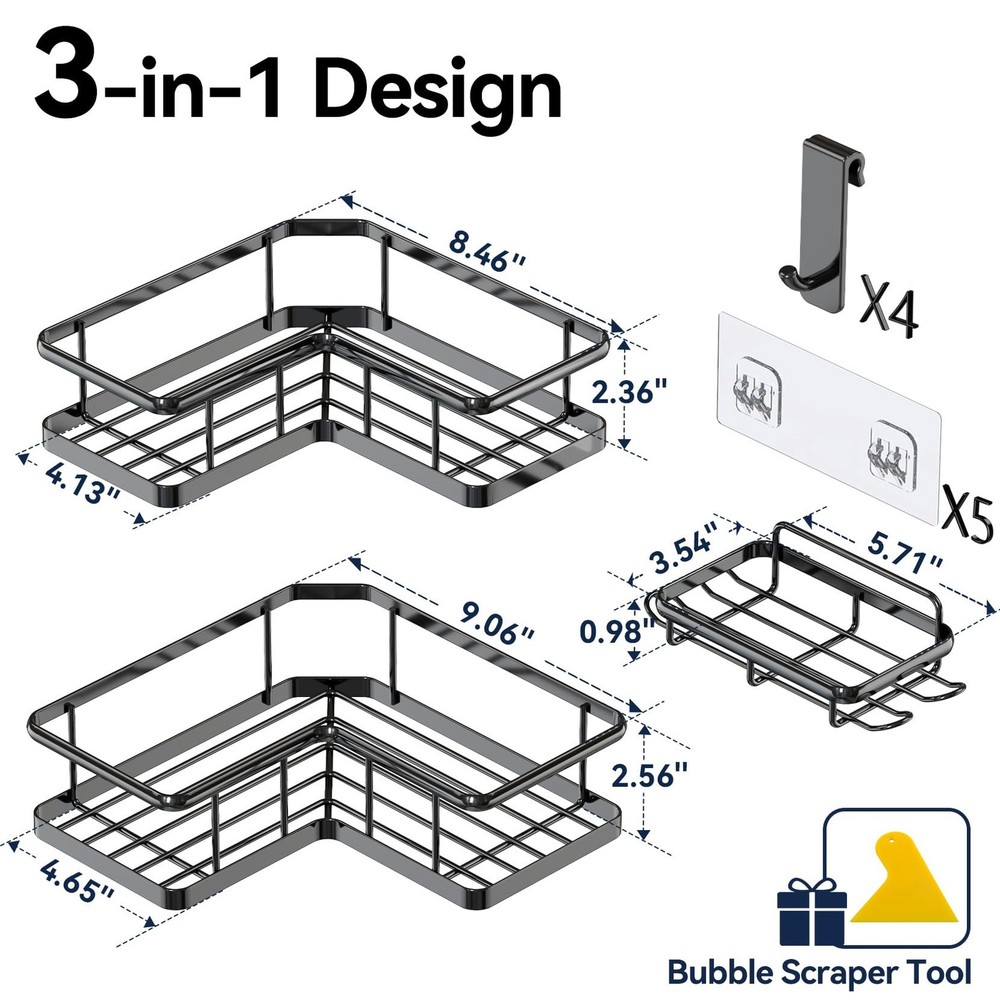 Corner Shower Caddy Organizer, 3-Pack Self-Adhesive Rustproof Bath Shelves wi...