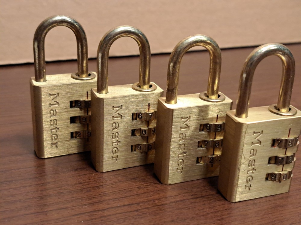 Lot of 4 MASTER COMBINATION LOCKS w CHANGEABLE COMBINATION FEATURE w INSTRUCTION