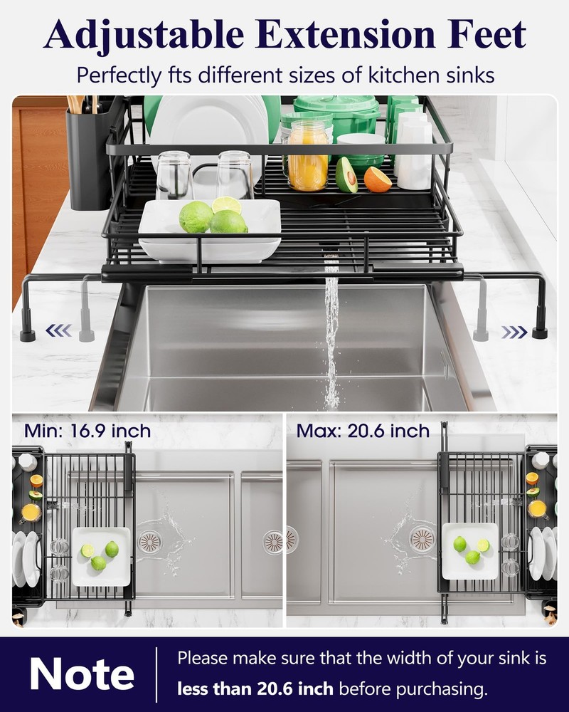Extendable Dish Drying Rack Rust Resistant Adjustable Legs Cutlery Black