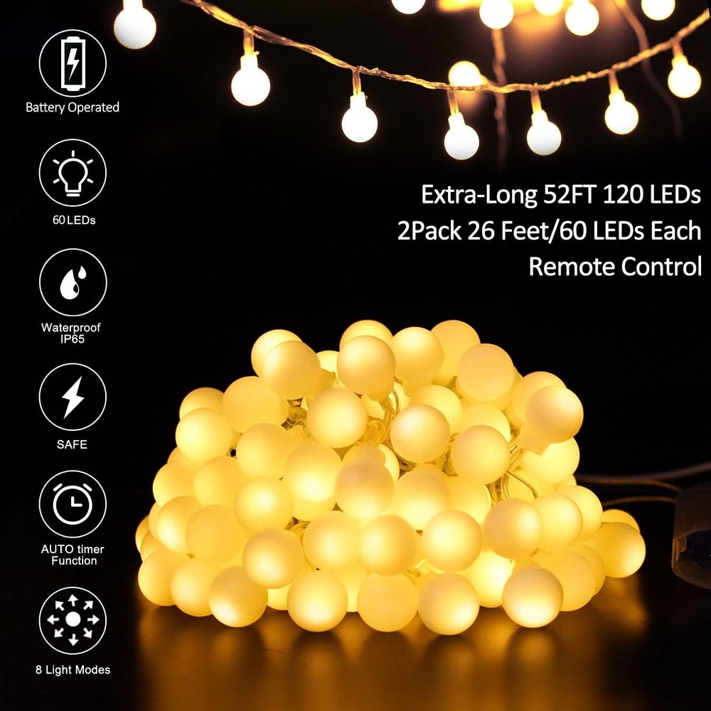 Battery Operated LED Globe String Lights, 2-Pack Total 52FT 120LEDs - Each 26...