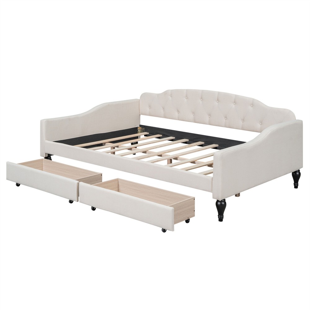 Full Size Daybed Upholstered Bed Frame Sofa Bed w/ 2 Storage Drawer Beige US