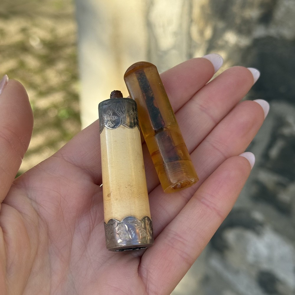 Antique Sterling Silver Amber Cheroot And Leather Case Chester