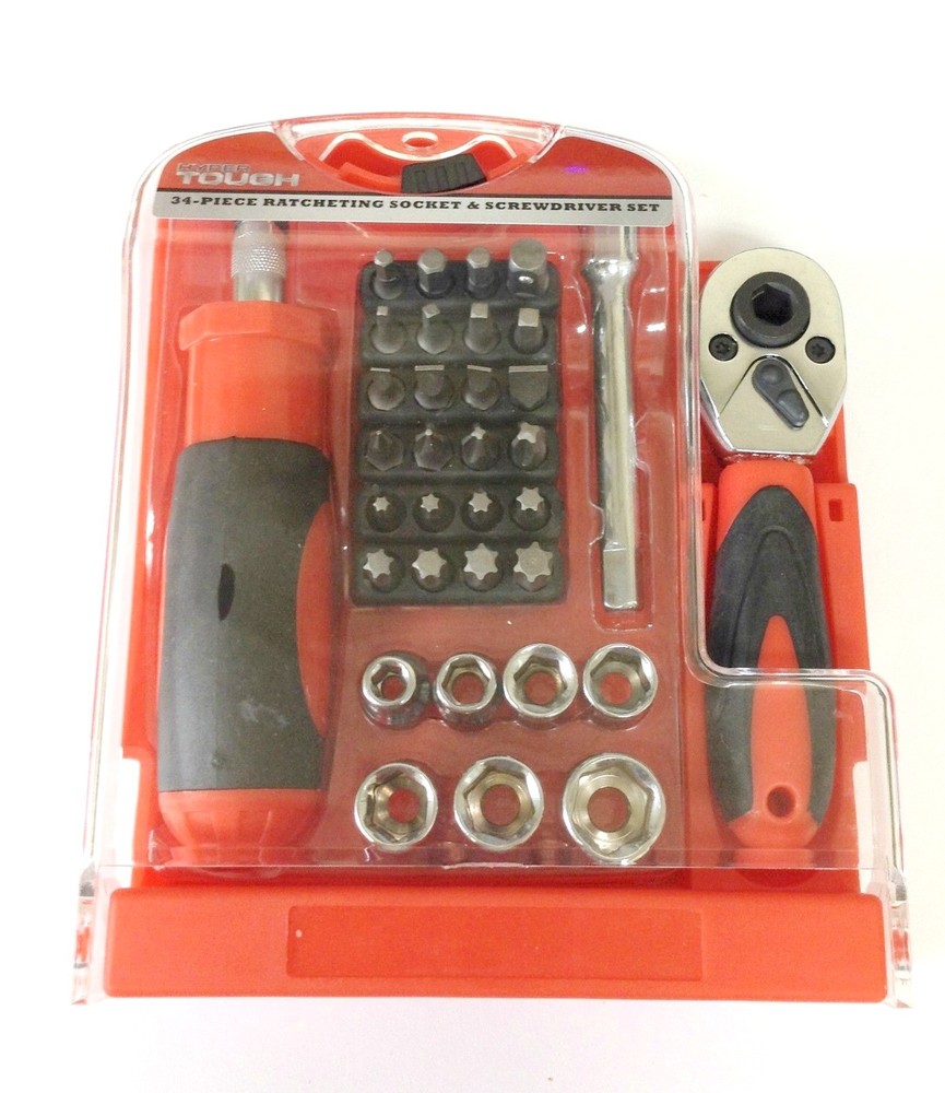 Hyper Tough 34pc Ratcheting Tool Set w Ratchet Handle Bit Driver Socket and Bits