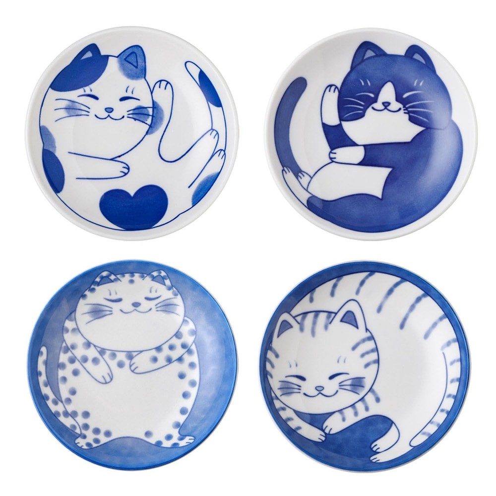 VanEnjoy Small Cute Ceramic Dishware Sets, Kawaii Cat Small, Blue and White