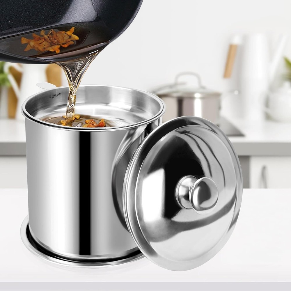 Bacon Grease Container,Kitchen Oil Container Can with Strainer and Silver~2