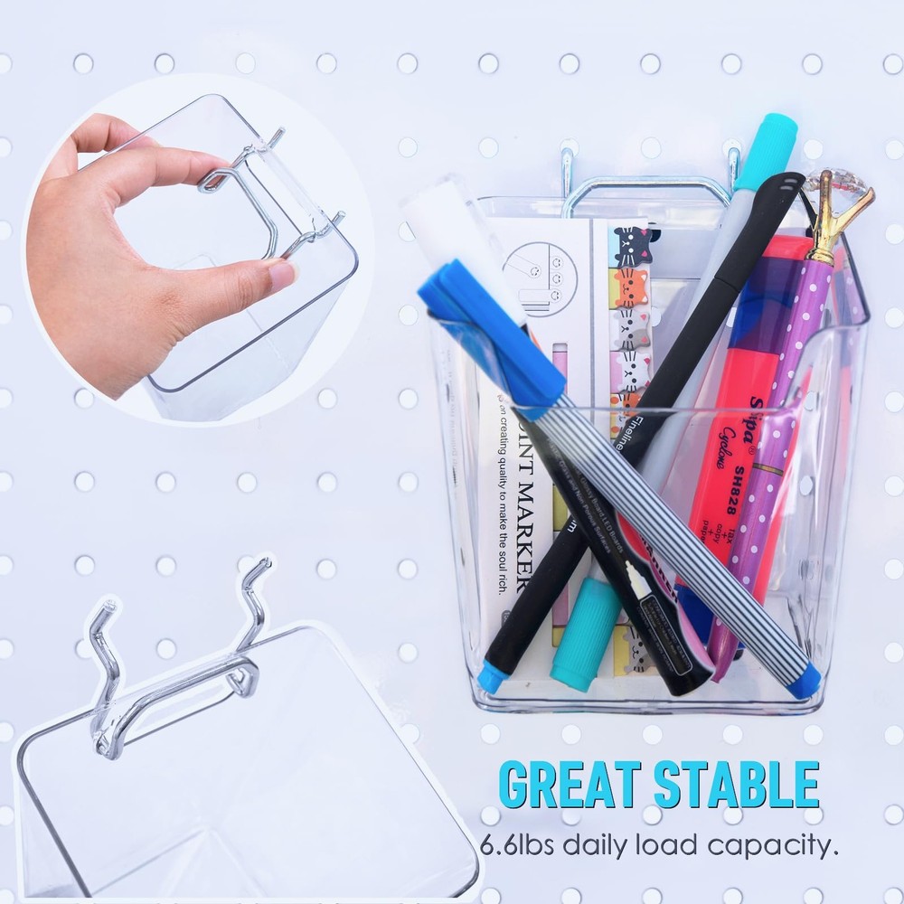 G.CORE Large Pegboard Cups Peg Board Storage Bin 6 Pack with Hooks, Clear