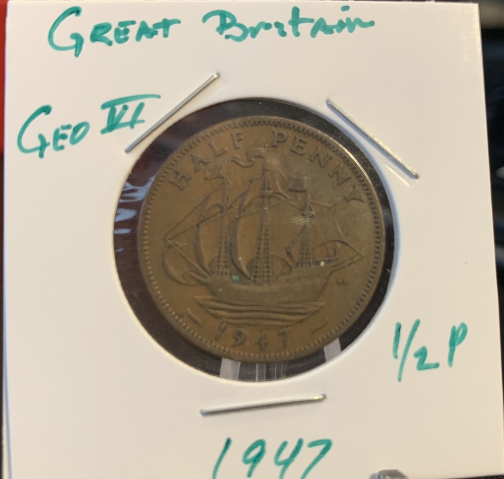 1947 Great Britain Half Penny Coin. Sharp Surface Details
