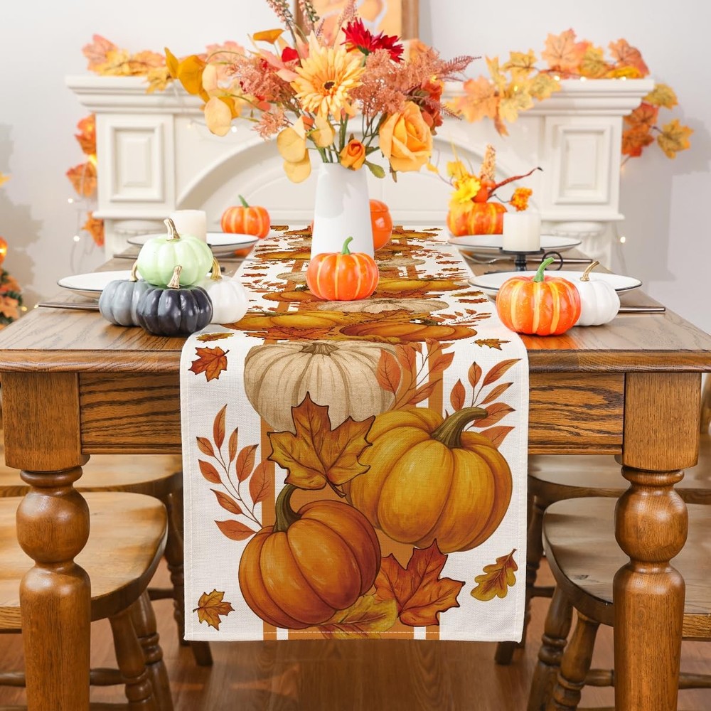 Fall Table Runner, Maple Leaf Orange Pumpkin Table Runner Seasonal Autumn Tha...