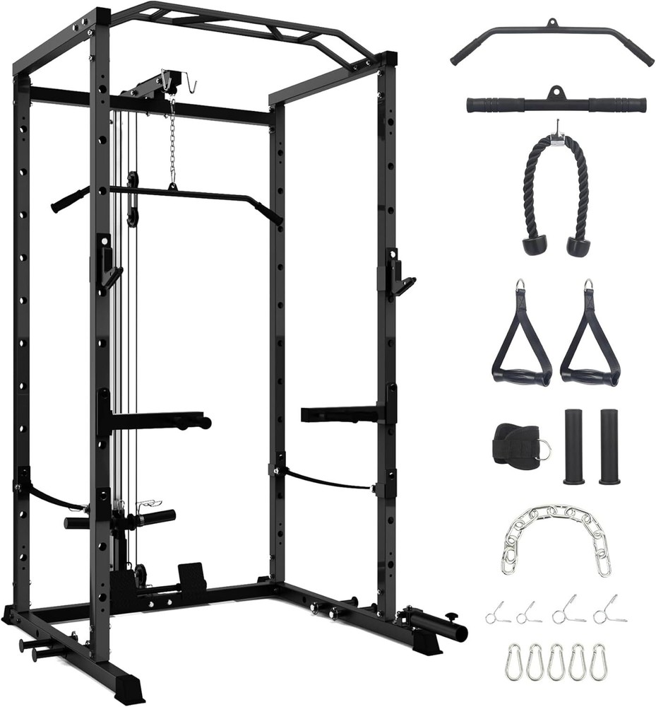 Power Cage ,Multi-Functional Power Rack w/Pulley System ,J-Hooks Dip Bar Workout