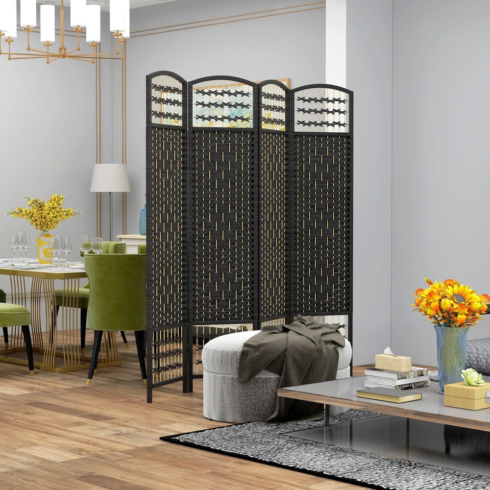 Black 5.6ft 4-Panel Folding Room Divider Screen for Interior Spaces