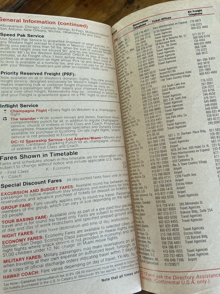 VTG Western Airlines Oct 1977 - January 1978 Timetable Quick Reference