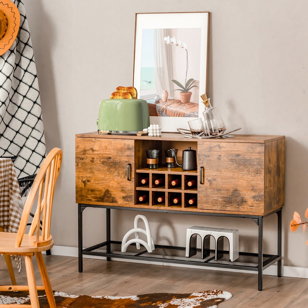 Industrial Kitchen Buffet Sideboard 2-Door Console Table w/Open Shelf Wine Rack