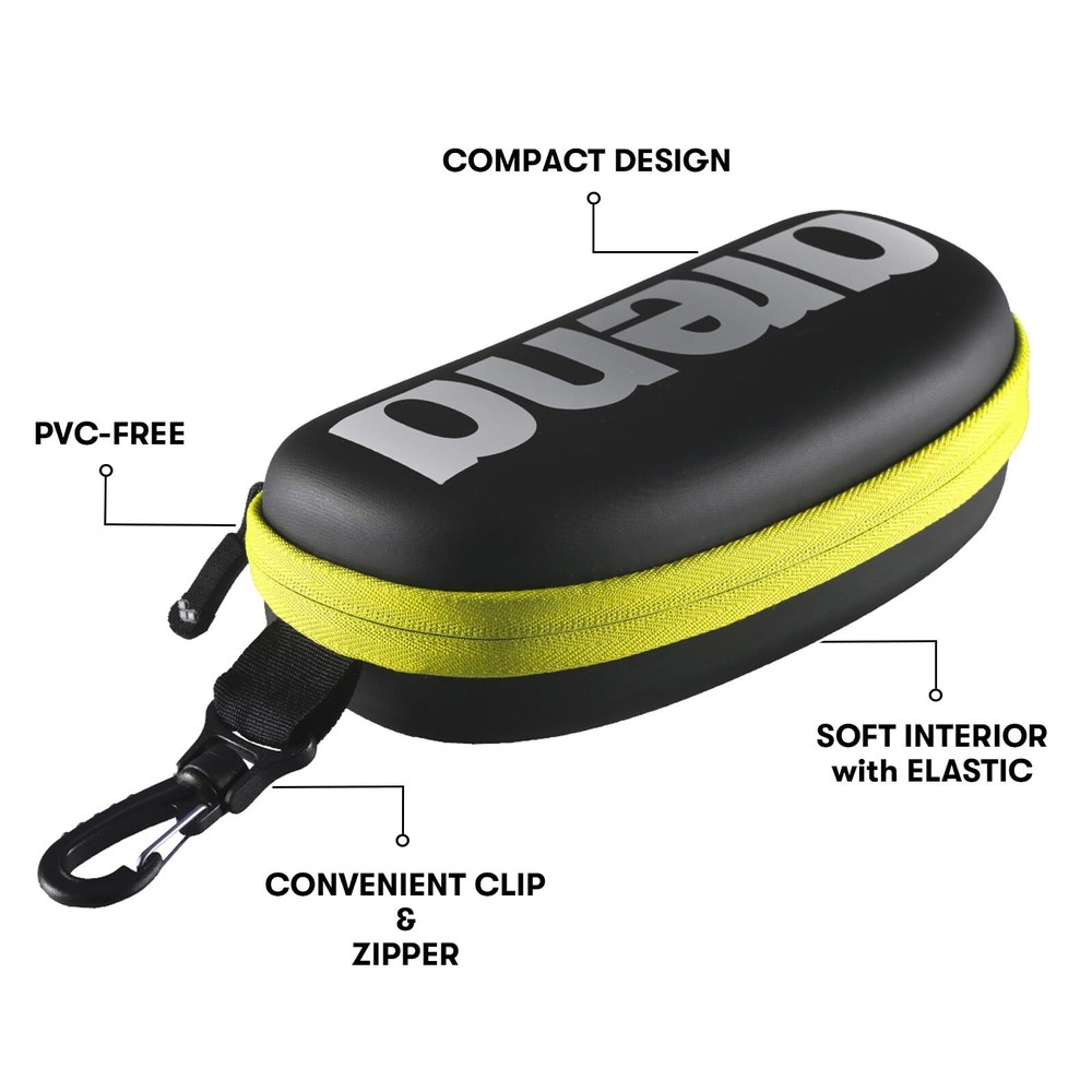 Arena Swim Goggles Case Hard Shell Zippered Protective Storage Black Yellow