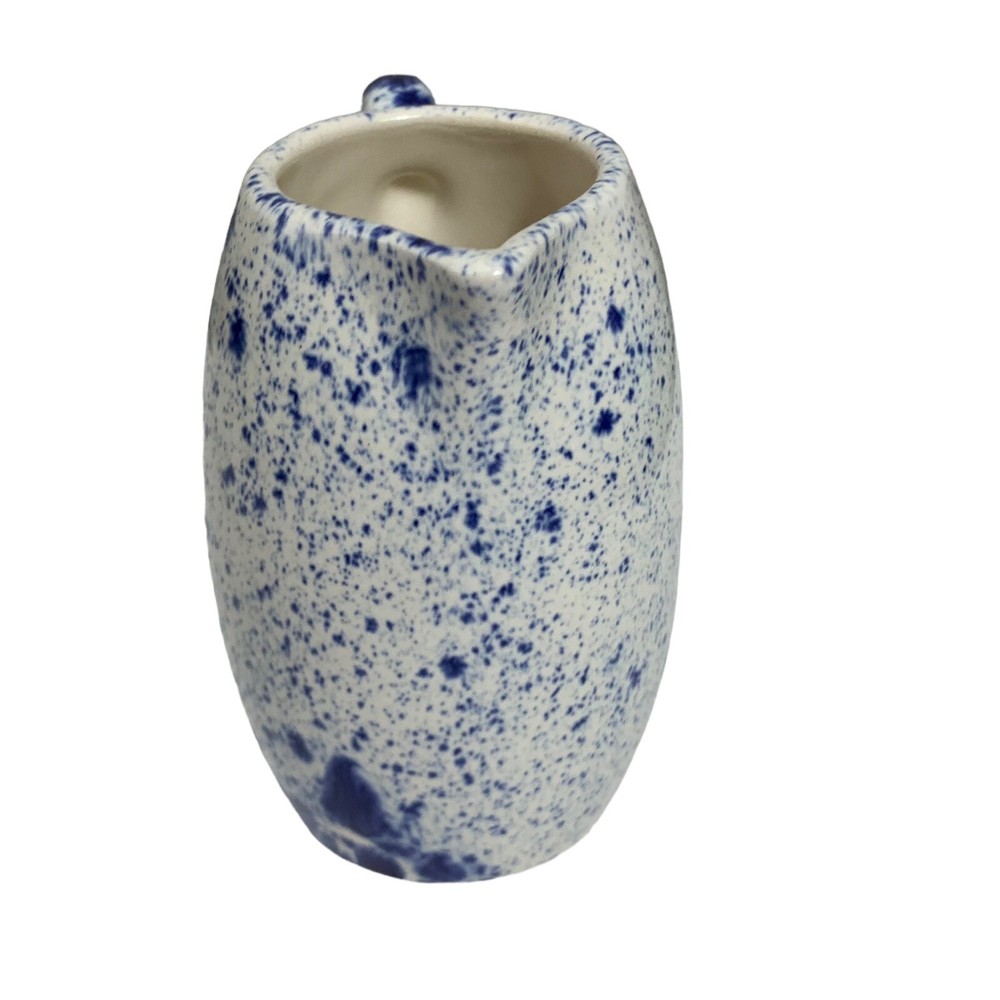 Small Ceramic Pitcher White Blue Splatter Signed Bottom 8 oz 4.25" tall Mini