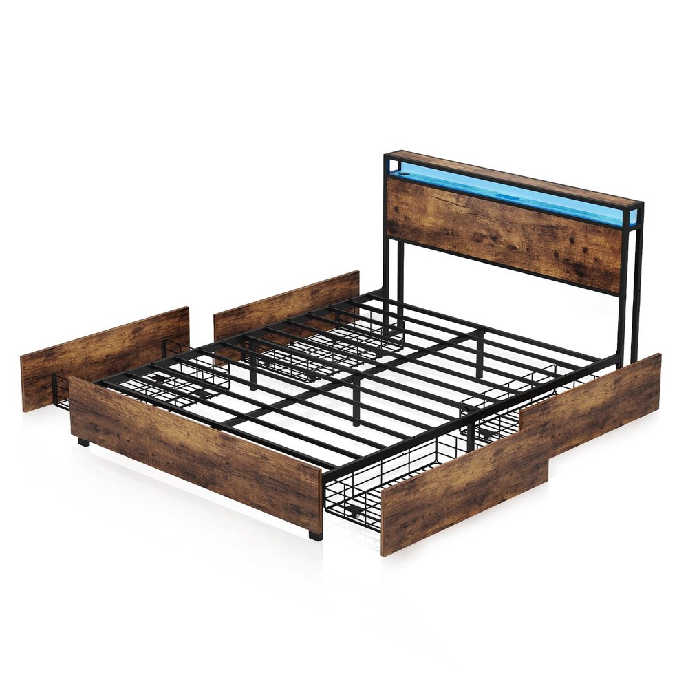 Full Size Bed Frame w/ Storage Headboard &Charging Station &LED Light