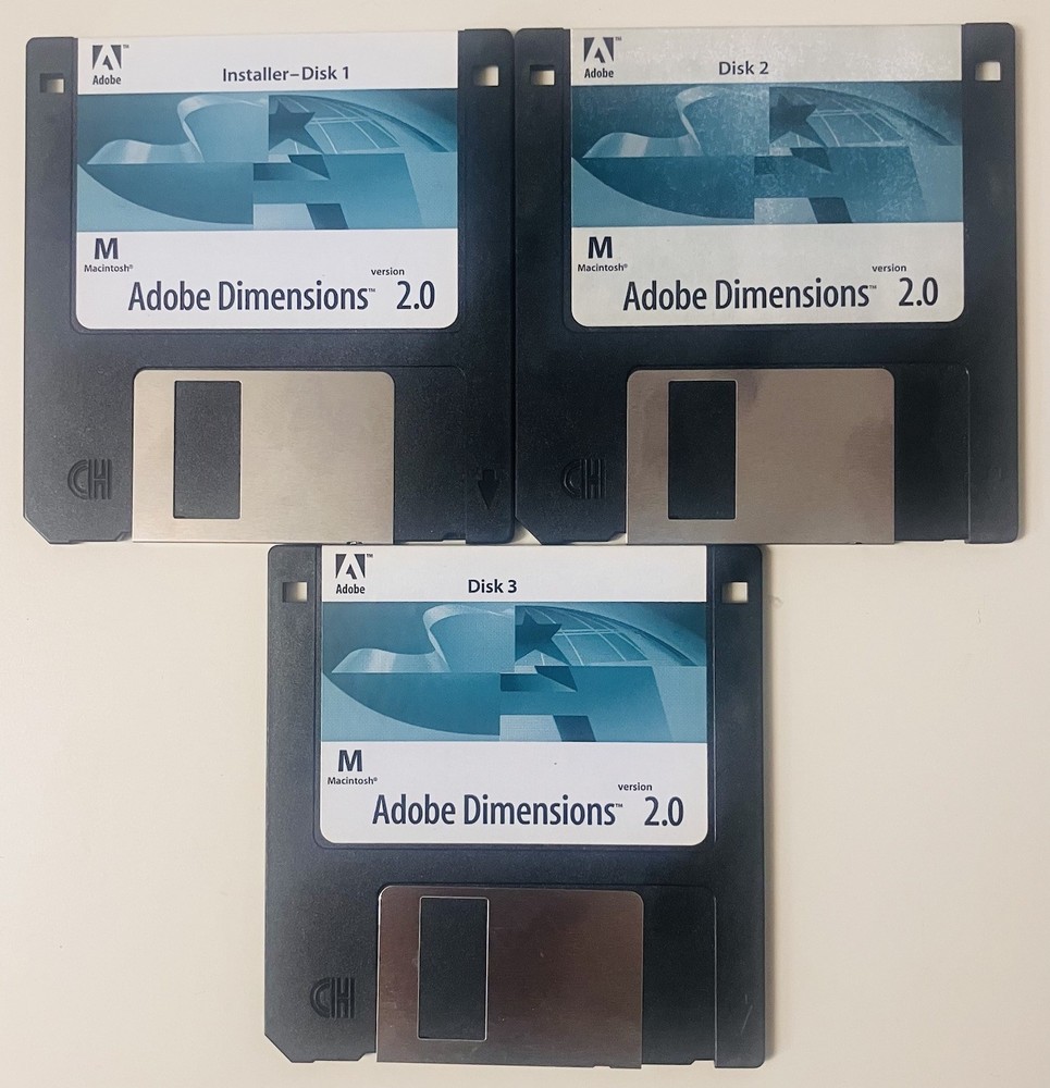 Adobe Dimensions 2.0 for Macintosh Complete 3-Disk Vintage 3.5” Floppy Set 1994