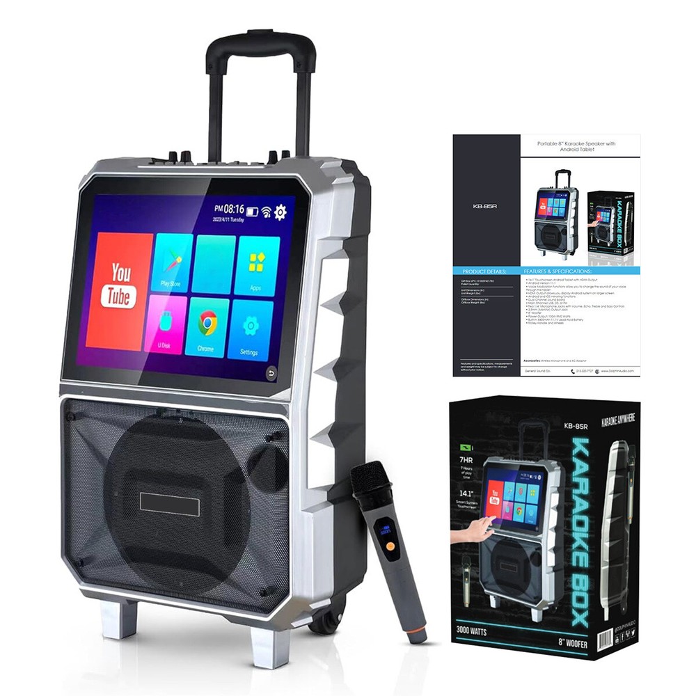 8” Woofer Bluetooth Speaker Karaoke Machine W/Wireless Mic LED Light 14" Tablet