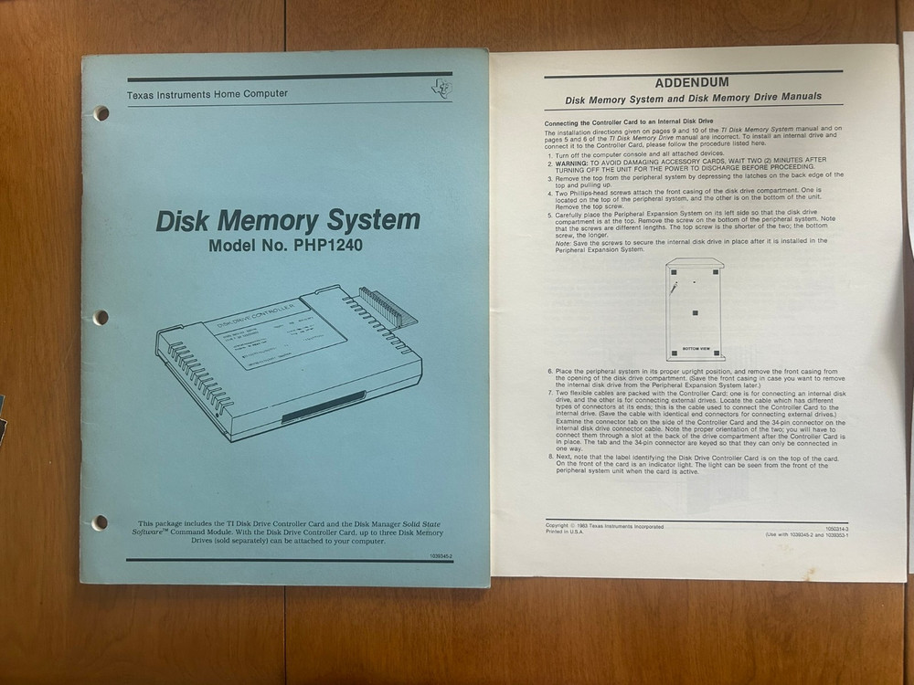 Vintage 1983 TI Disk Memory System Model No. PHP1240 Manual