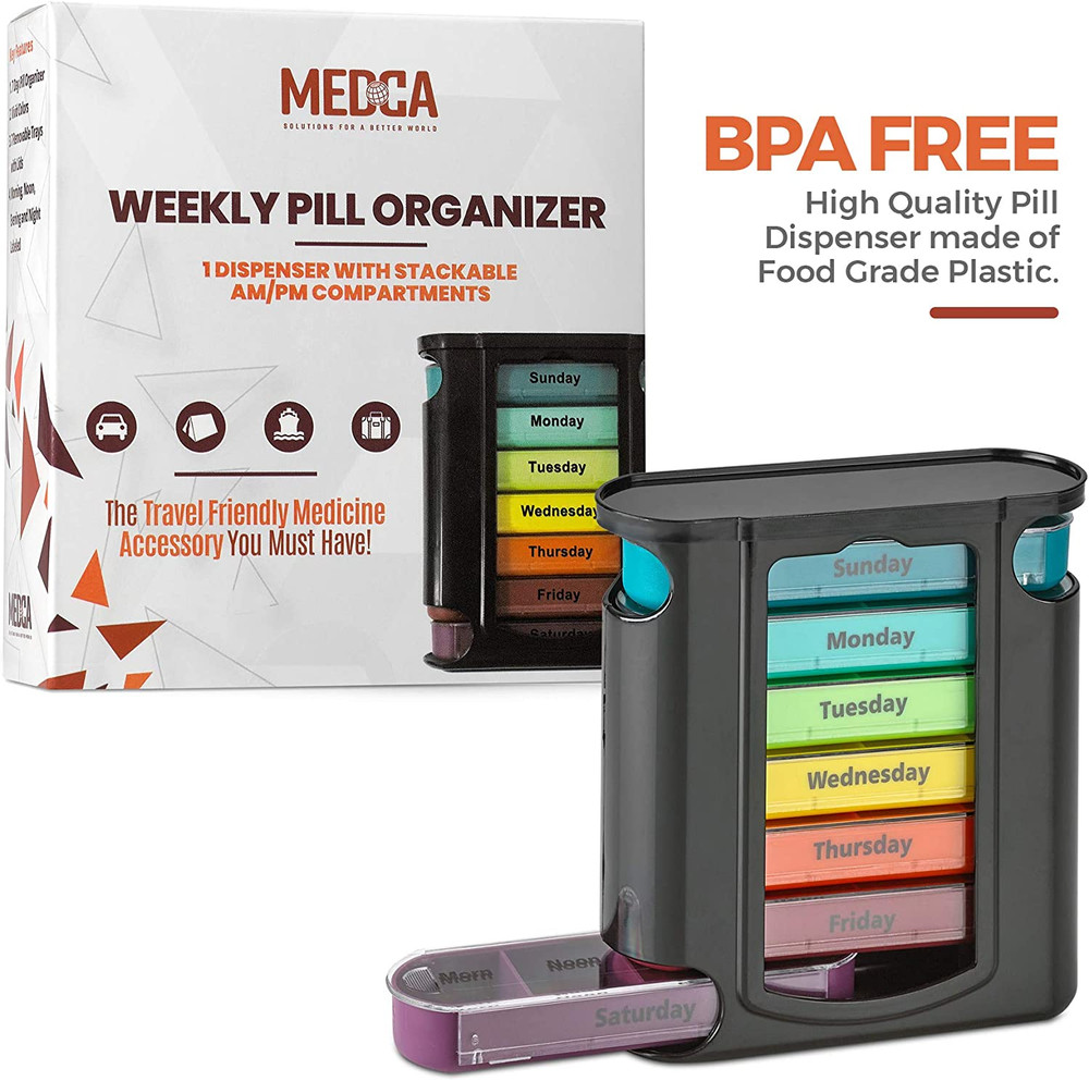 Weekly Pill Organizer, 1 Dispenser, 7 Stackable Compartments Four Times-A-Day -