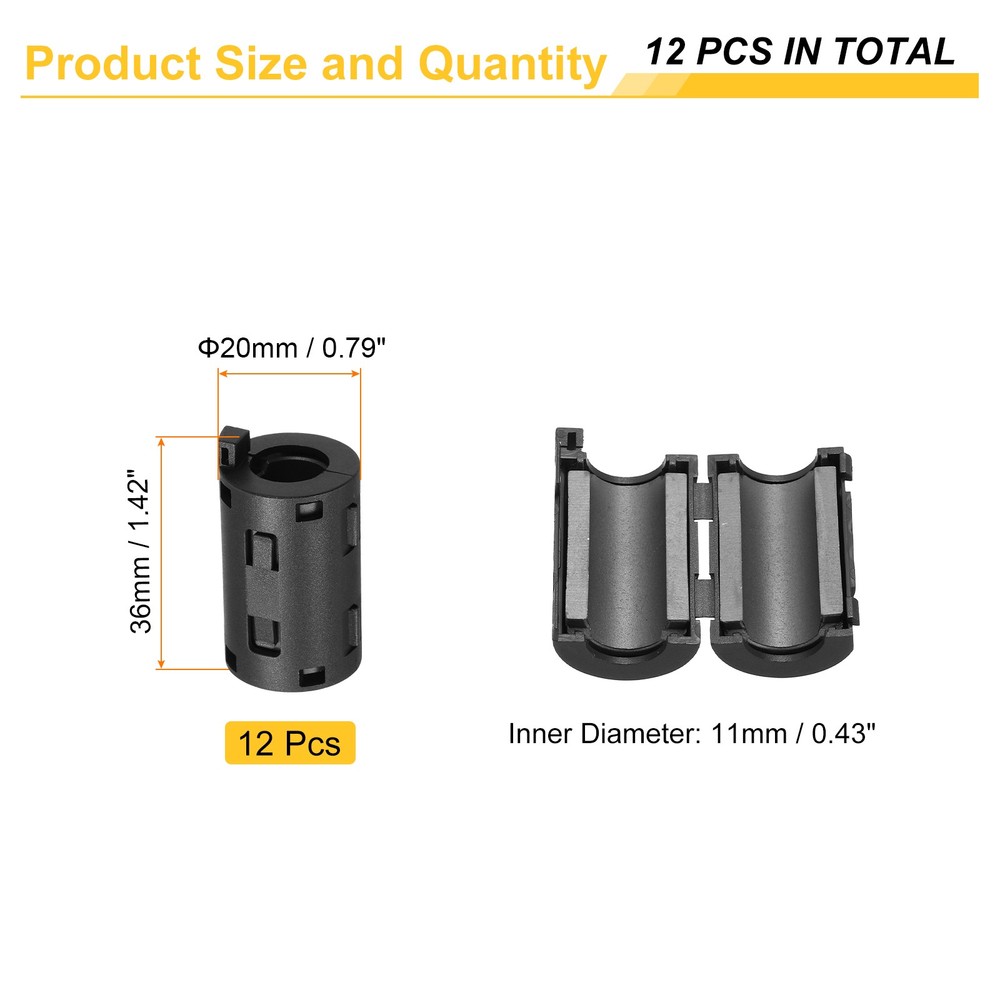 12 Pcs Ferrite Filter Ring Core Cable Clip ID 11mm with Ears, Black