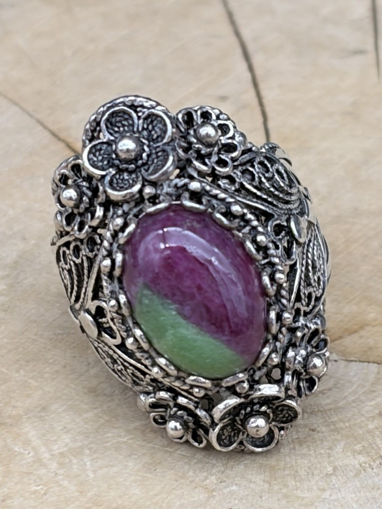 Sterling Silver Ruby Zoisite Filigree Ornate Ring Size 8 Turkey Signed DGS