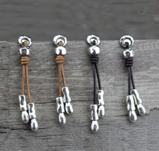 Rustic style Hammered Sterling Silver & Brown Leather Dangle Earrings - 2 1/2"
