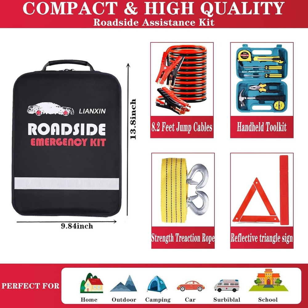 All-in-One Roadside Assistance Kit: Reflective Triangle, Tools & Jumper Cables