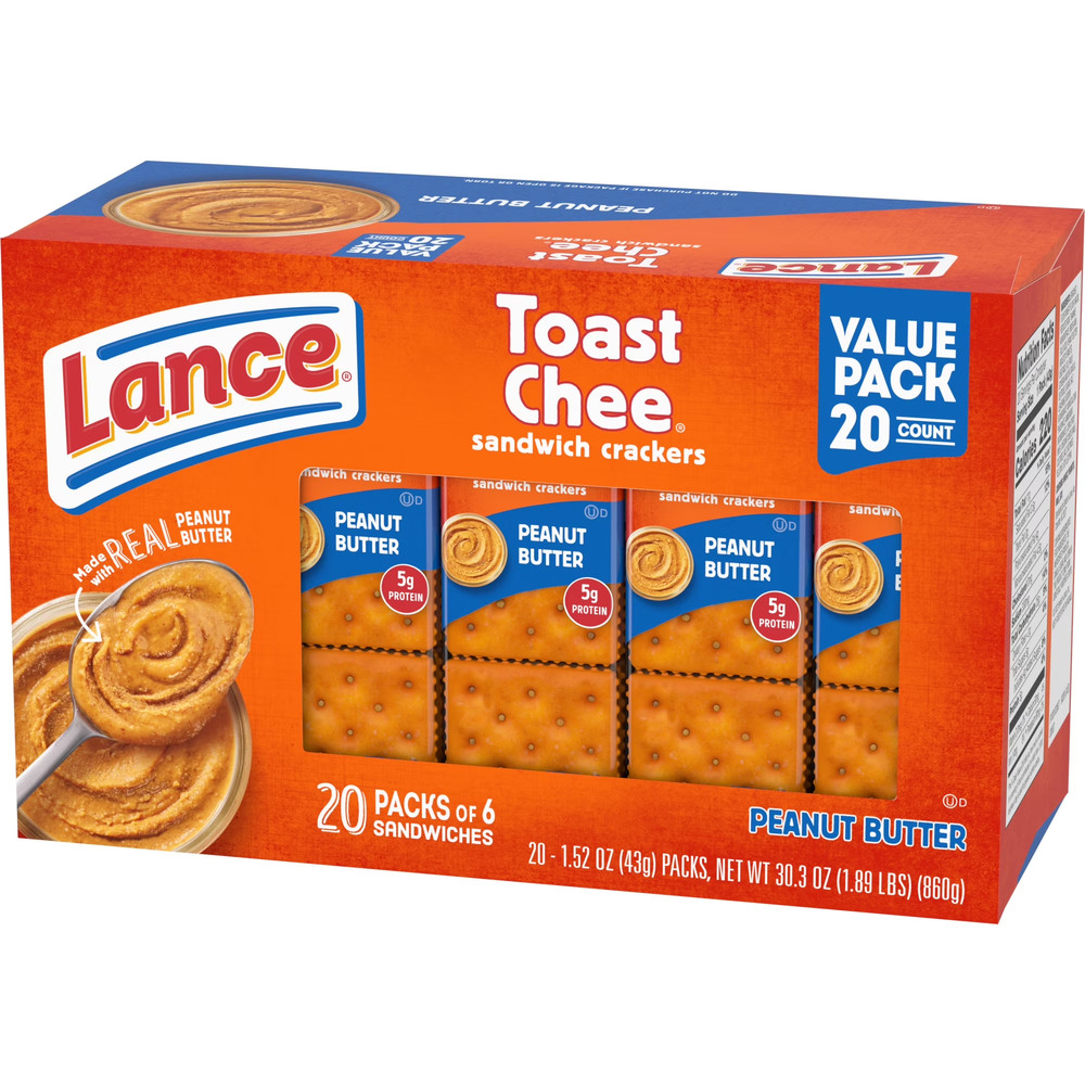 (3PACK)Lance Sandwich Crackers, ToastChee Peanut Butter, 20 Individually Wrapped