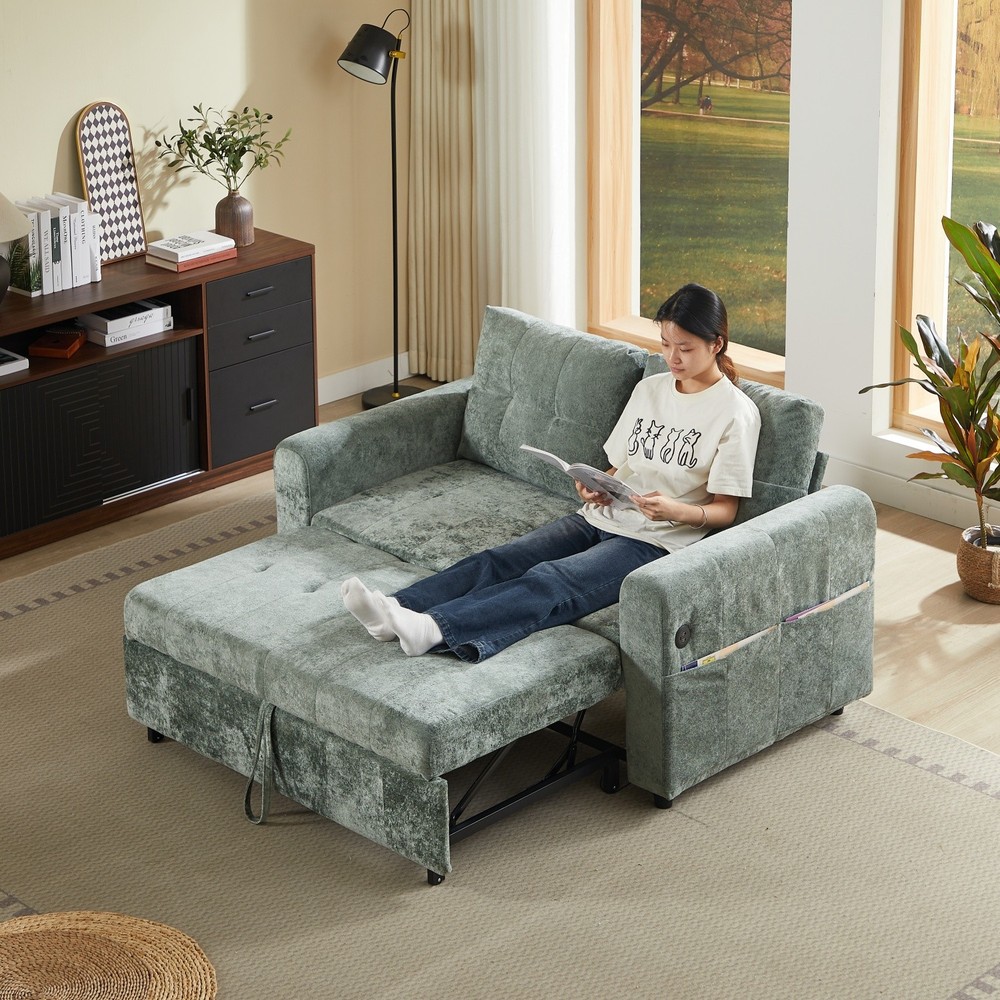 Chenille Sleeper Sofa Bed Loveseat Convertible with Pull Out Bed & USB Port