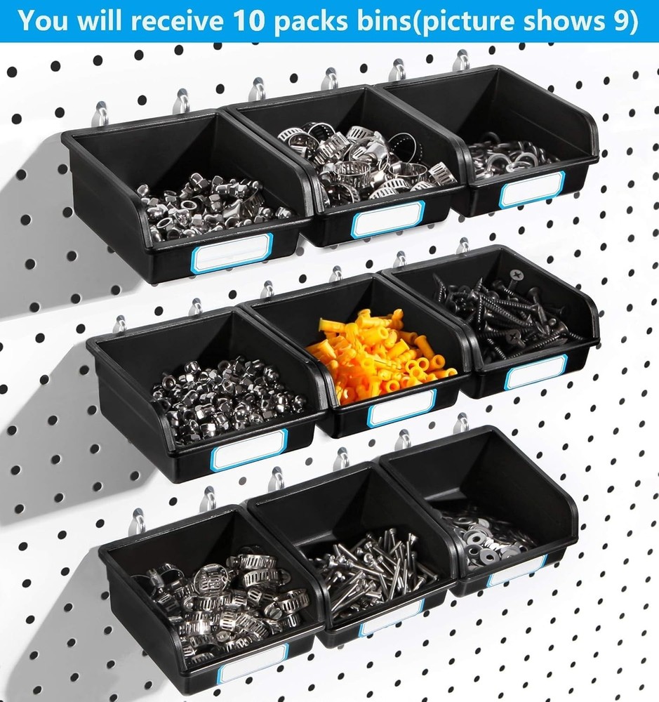 Versatile 10-Pack Pegboard Bins - Durable Black Design with Metal Hooks & Labels