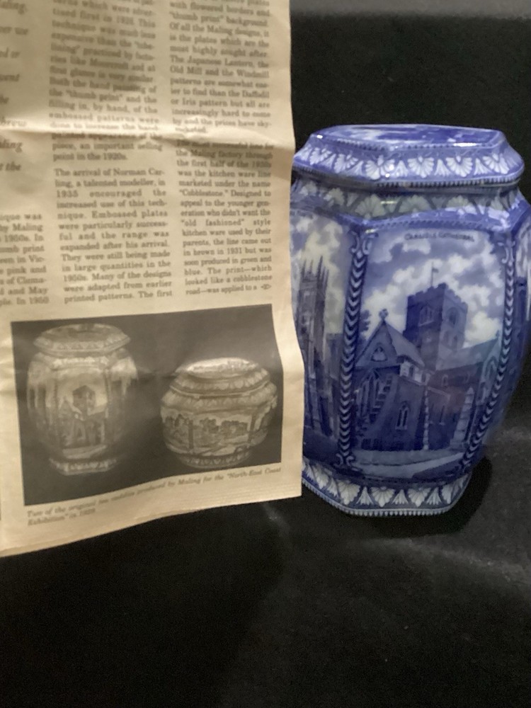 Rington's Maling Ware Tea Caddy England - Cathedrals 1929 Blue Transfer Ware @FS