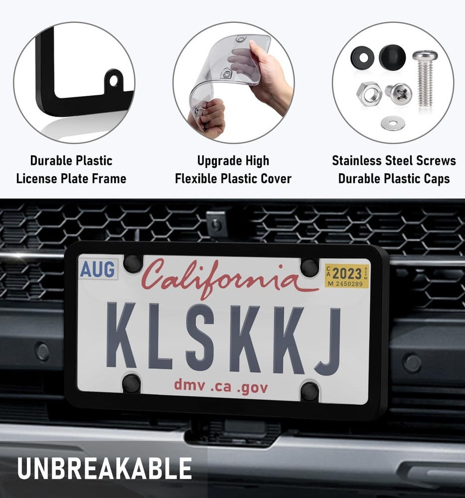 2X Unbreakable License Plate Covers+Frames Auto Tag Shield Protector Front Rear