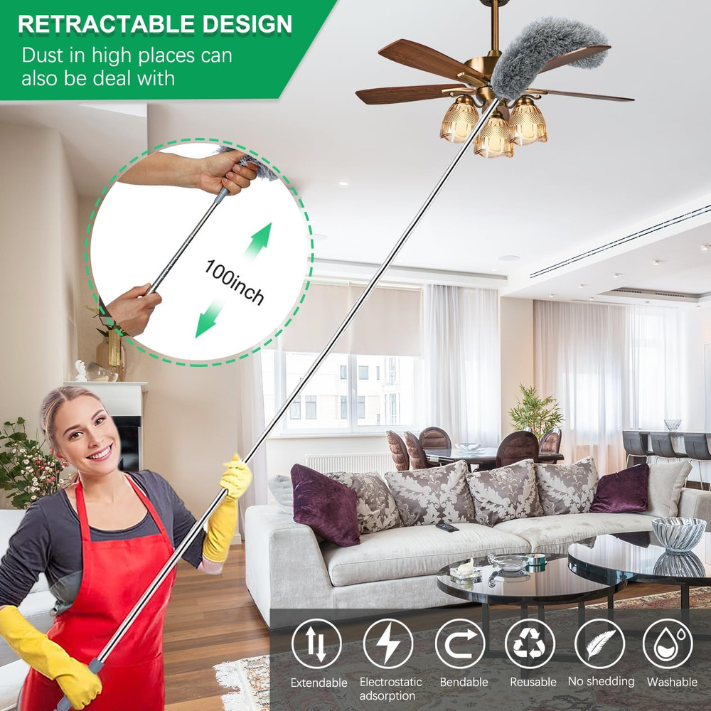 100 Extendable Microfiber Feather Duster, Telescoping Pole for High Ceiling Clea