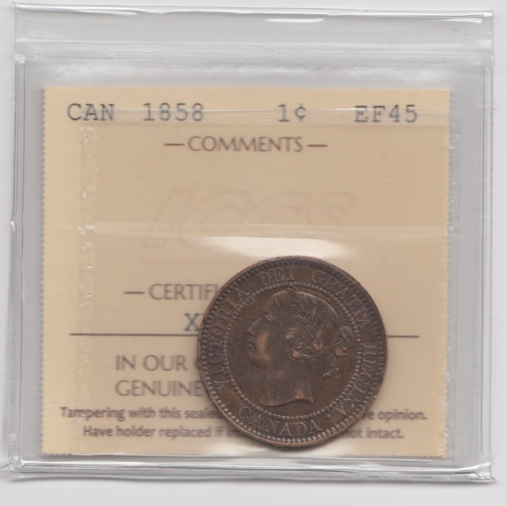 1858 Canada One Large Cent Coin ICCS EF45 - Scarce Key