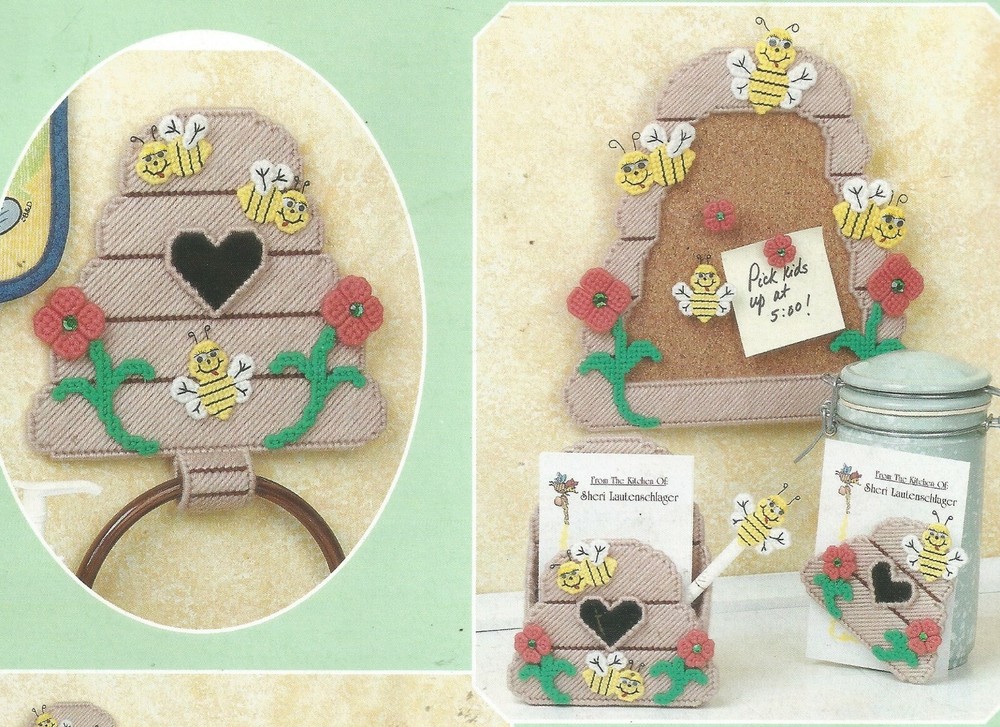 Plastic Canvas Patterns Busy Bee Kitchen Set Note Napkin Holder Towel Hanger E82
