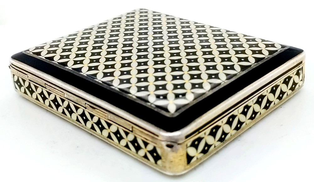 Unusual Silver Square Enamel Box with Geometric Pattern