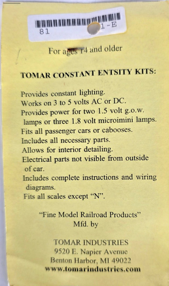 Tomar Industries HO Scale Kit 801 Constant Intensity Light Source NOS