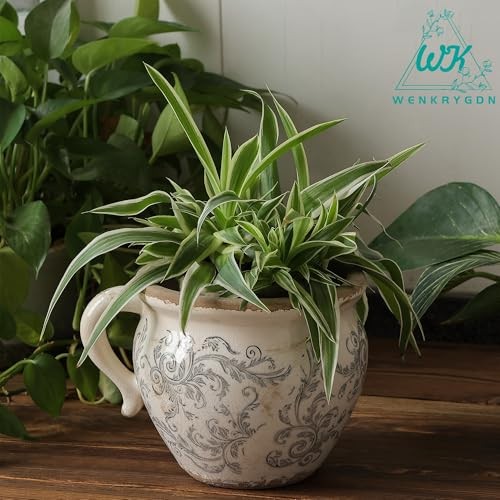 Vintage Flower Pot Rustic Planter Container with Handle Ceramic Ice Crack Gray